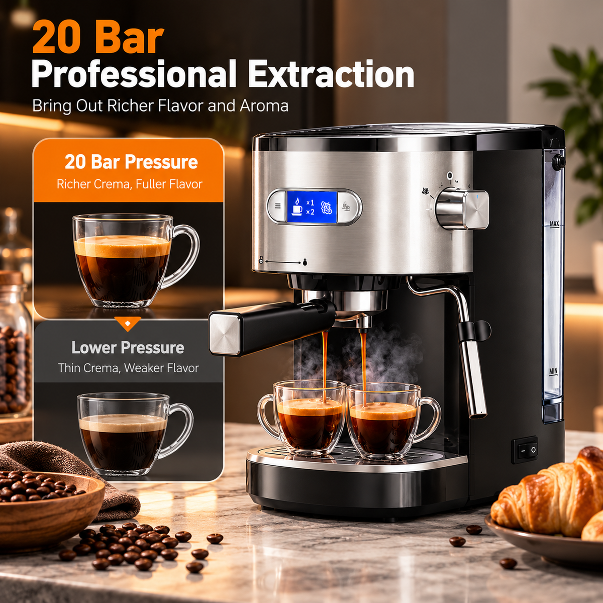 20 Bar Espresso Coffee Machine with Milk Frother & 45oz Water Tank