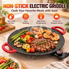 Large Round Electric Griddle with Adjustable Temperature