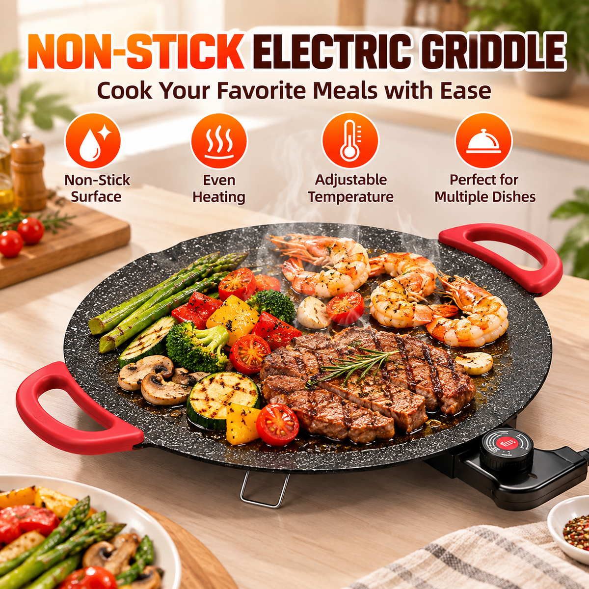 Large Round Electric Griddle with Adjustable Temperature