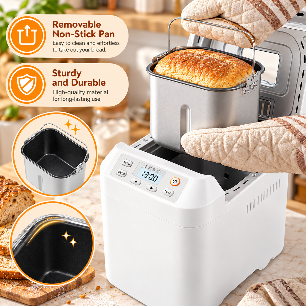 12-in-1 Automatic Bread Maker, 2LB Capacity with Fruit & Nut Dispenser