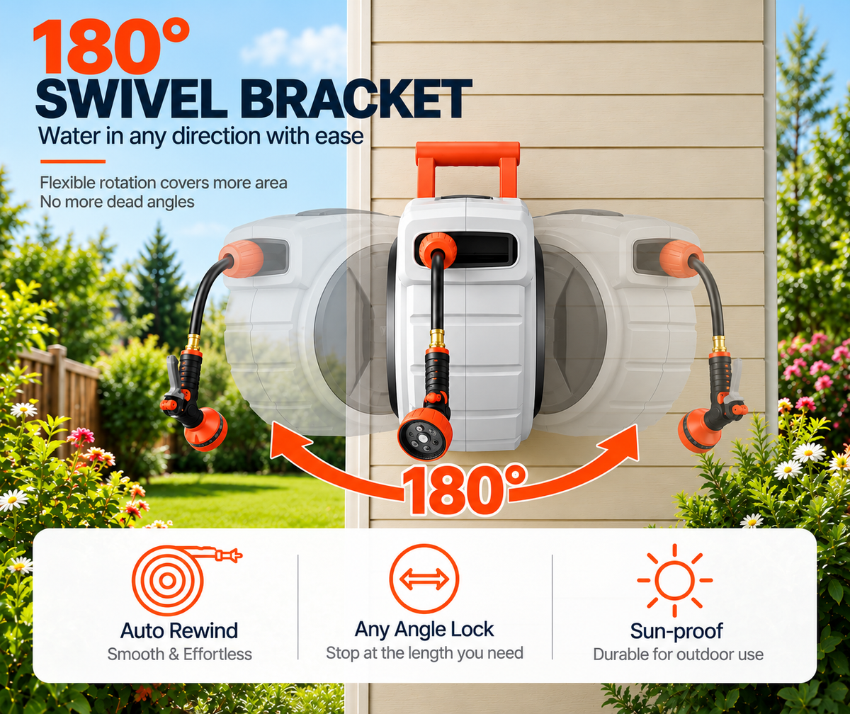 100FT Retractable Garden Hose Reel with 9 Spray Nozzle