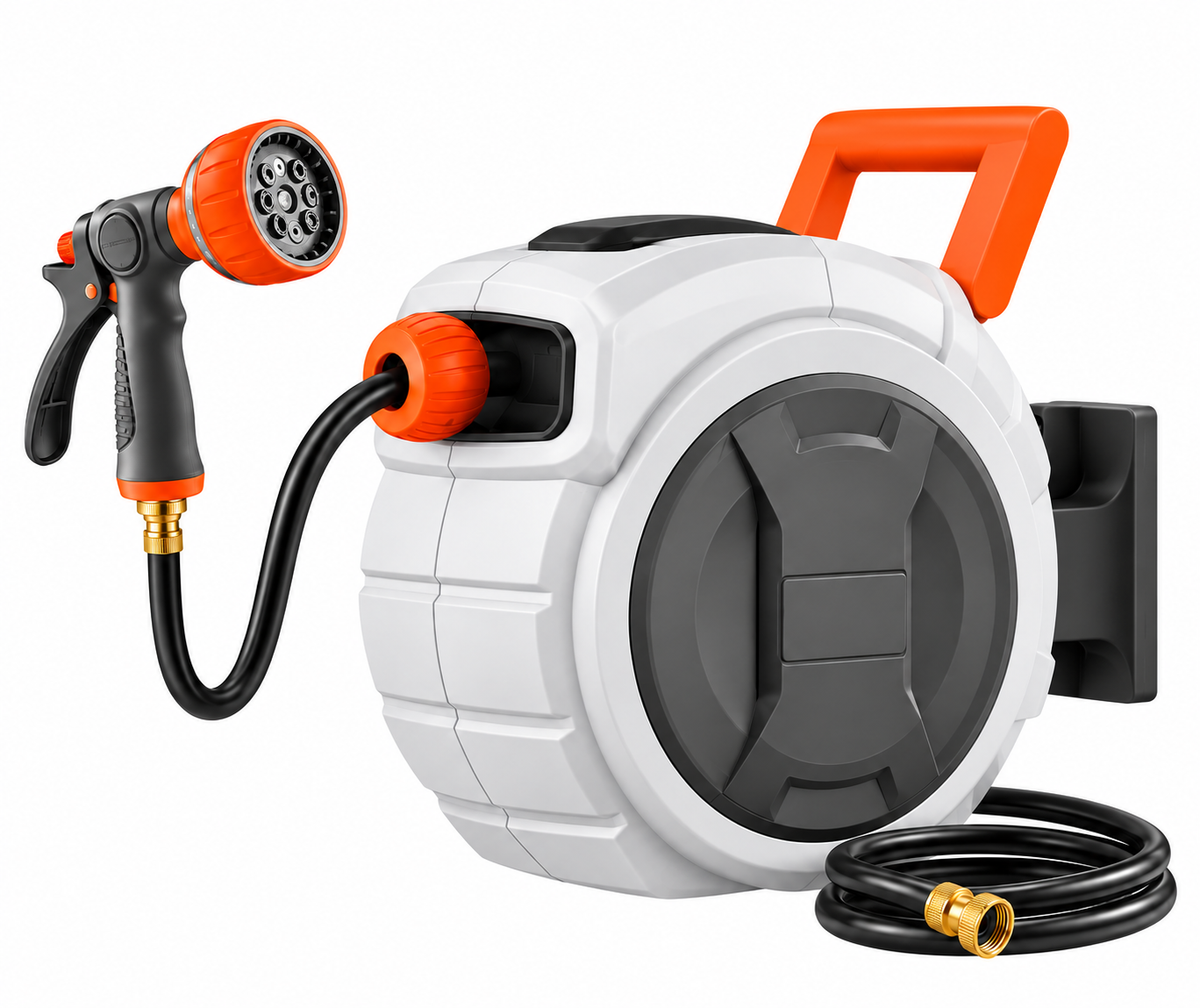 100FT Retractable Garden Hose Reel with 9 Spray Nozzle