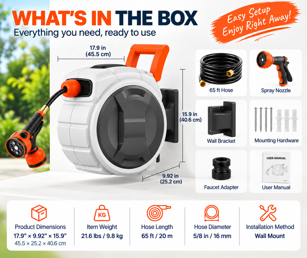 100FT Retractable Garden Hose Reel with 9 Spray Nozzle