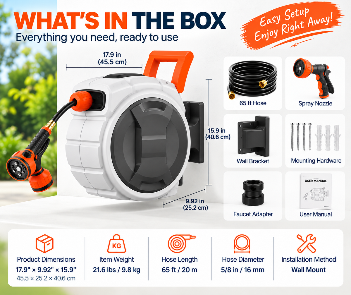 100FT Retractable Garden Hose Reel with 9 Spray Nozzle