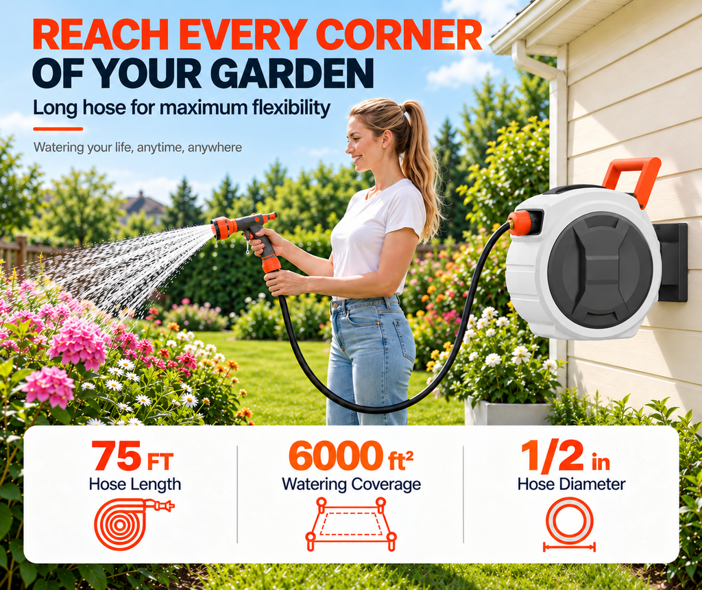 100FT Retractable Garden Hose Reel with 9 Spray Nozzle
