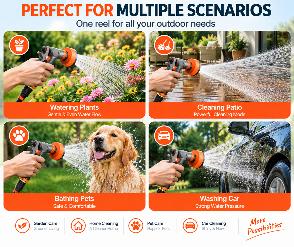 100FT Retractable Garden Hose Reel with 9 Spray Nozzle