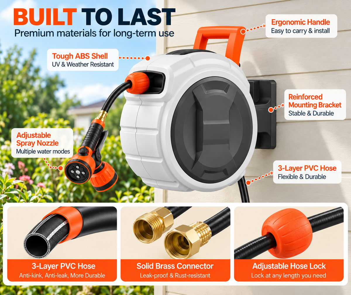 100FT Retractable Garden Hose Reel with 9 Spray Nozzle