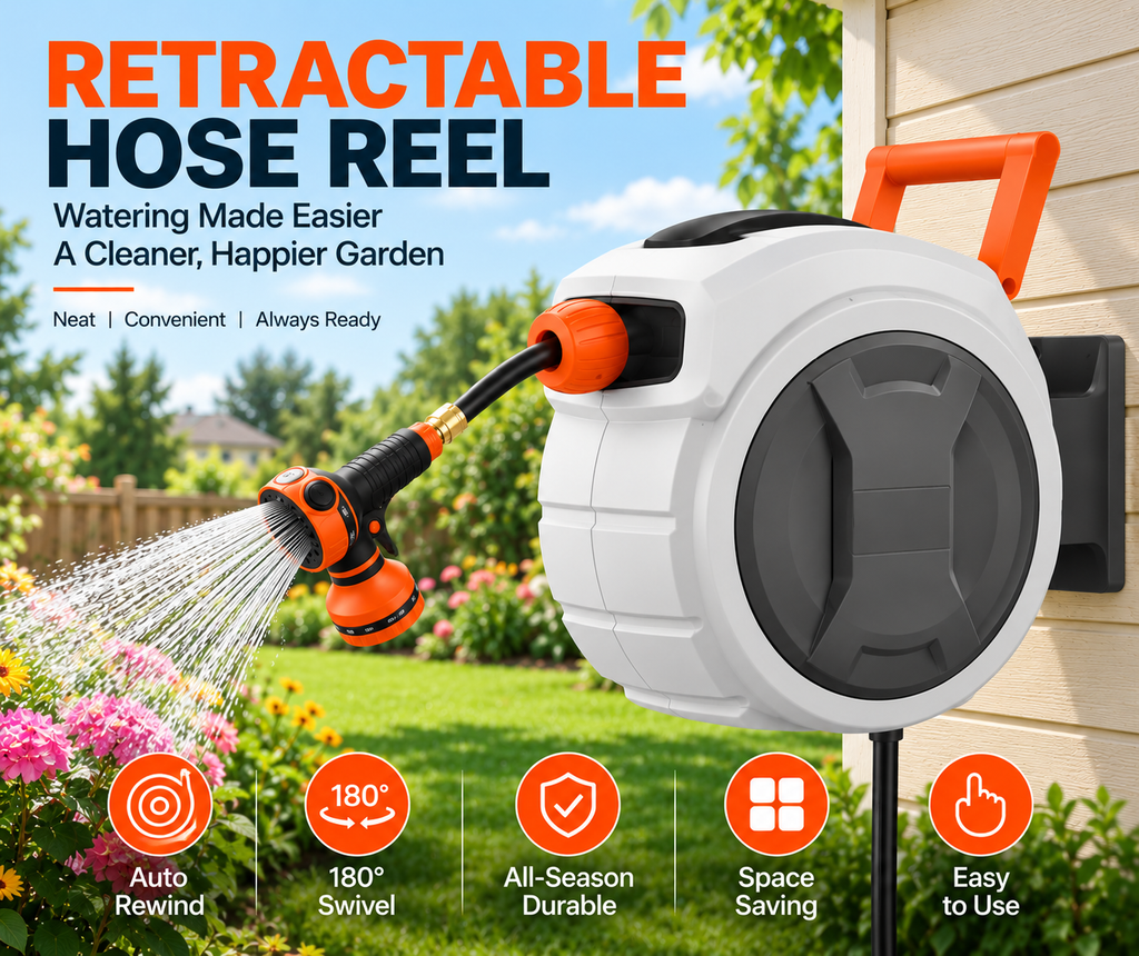 100FT Retractable Garden Hose Reel with 9 Spray Nozzle
