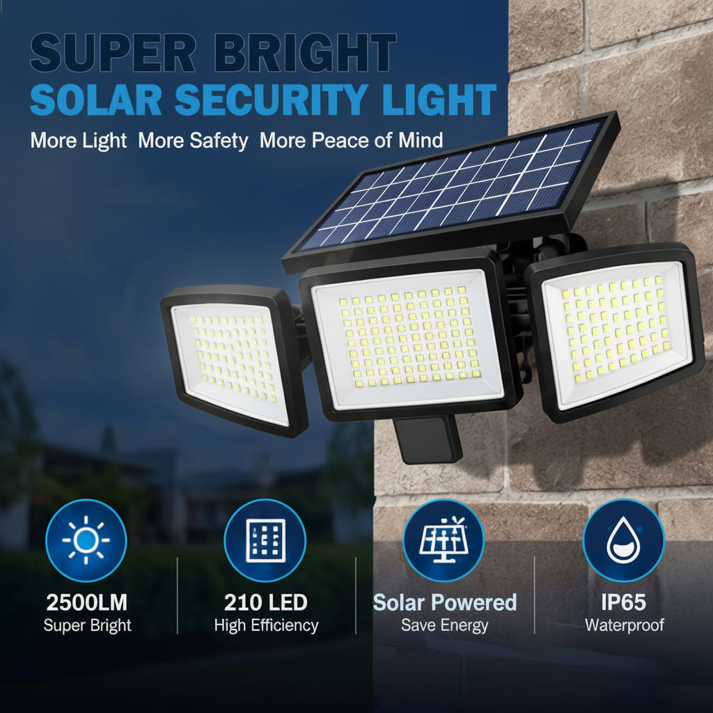 Solar Outdoor Security Lights, 2500LM 210 LED, 3 Heads, Motion Sensor