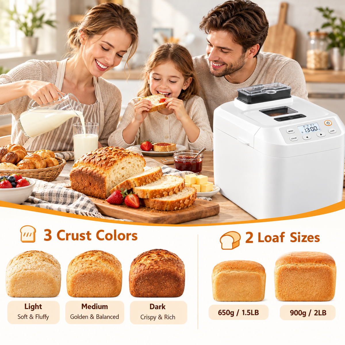 12-in-1 Automatic Bread Maker, 2LB Capacity with Fruit & Nut Dispenser
