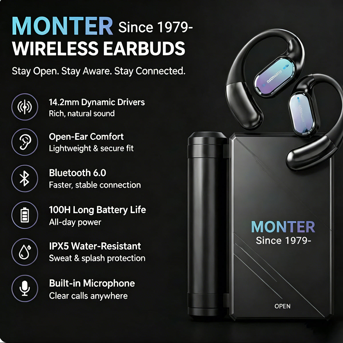 Open Ear Wireless Earbuds, Foldable Bluetooth Headphones