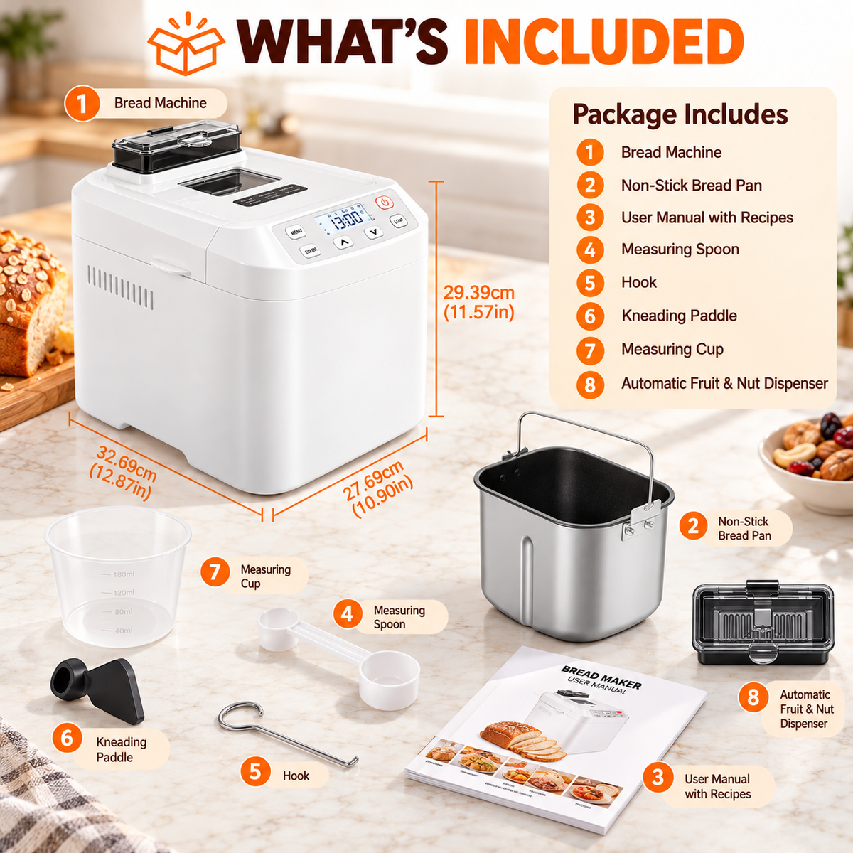 12-in-1 Automatic Bread Maker, 2LB Capacity with Fruit & Nut Dispenser