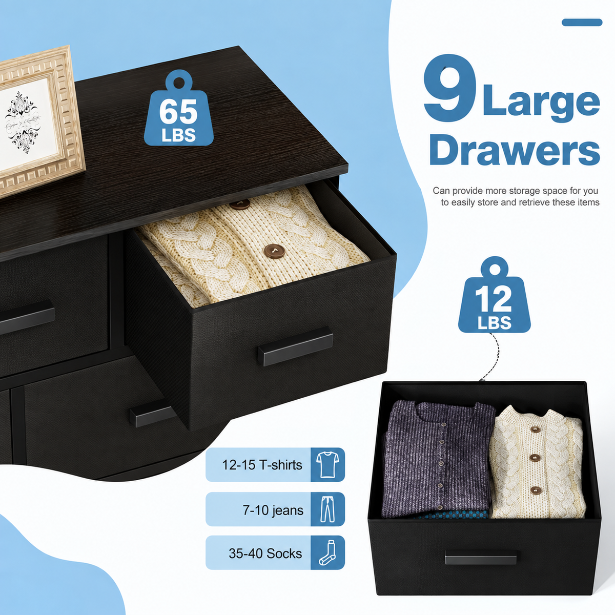 9 Drawer Dresser with Fabric Storage Bins