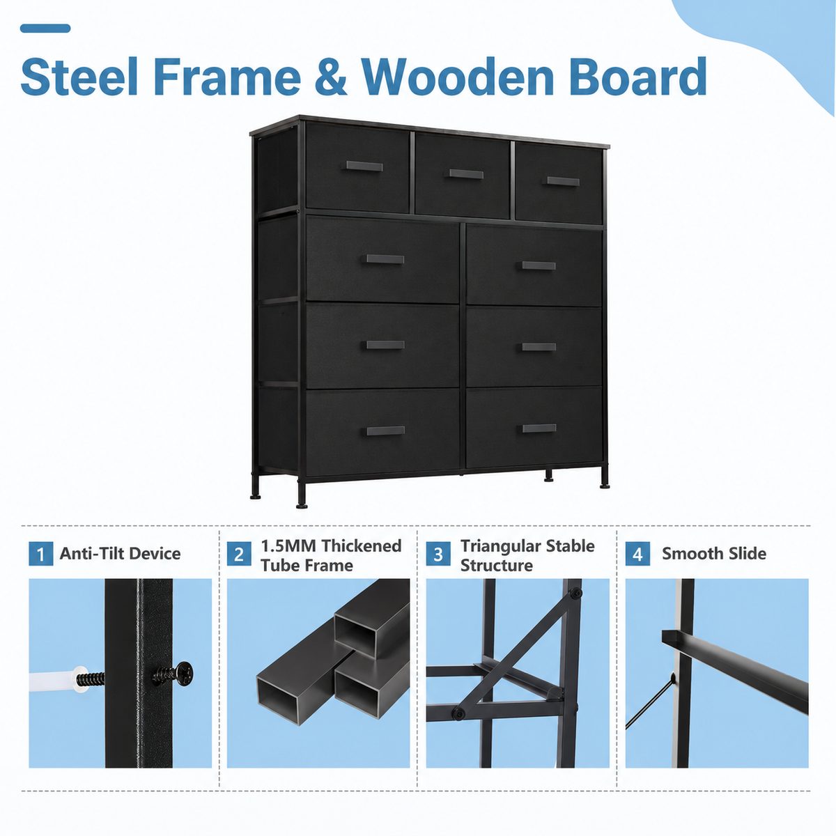 9 Drawer Dresser with Fabric Storage Bins