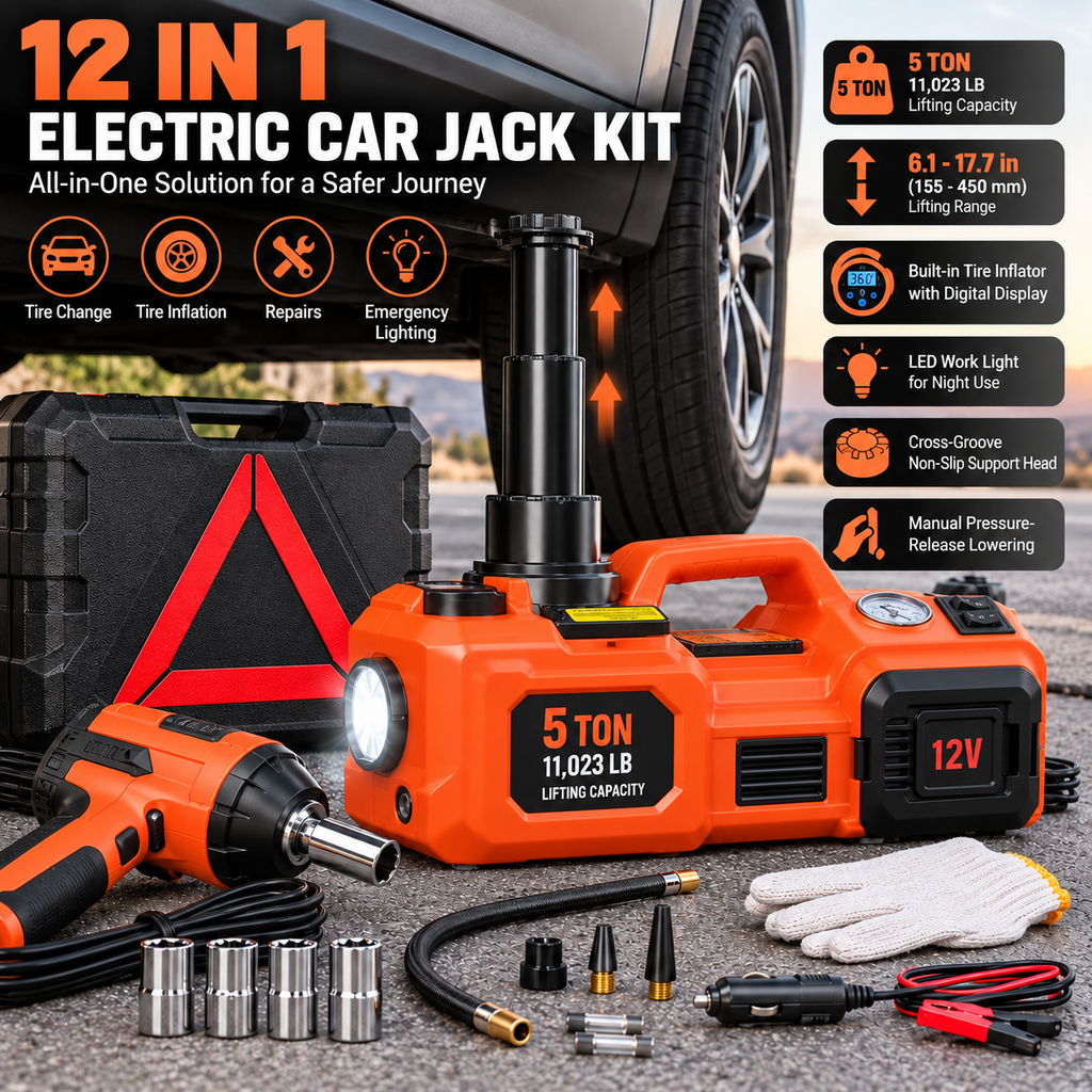 5 Ton Electric Car Jack Kit with Impact Wrench, Tire Inflator & LED Light