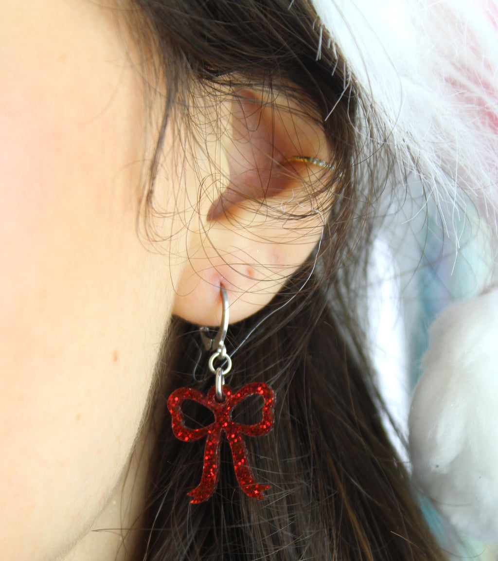 Mini Red Glitter Bow Huggie Hoop Earrings