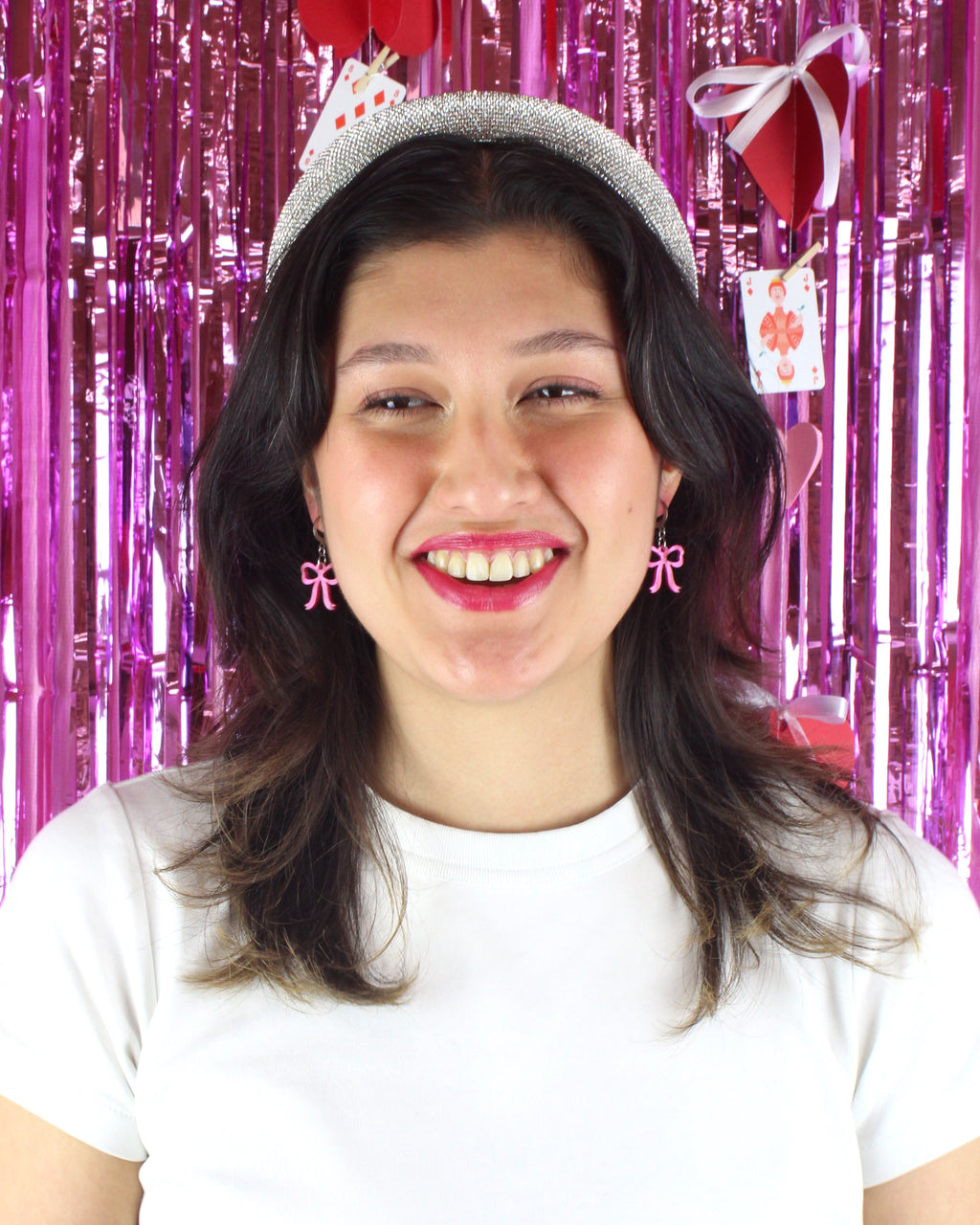 Mini Pink Marble Bow Huggie Hoop Earrings