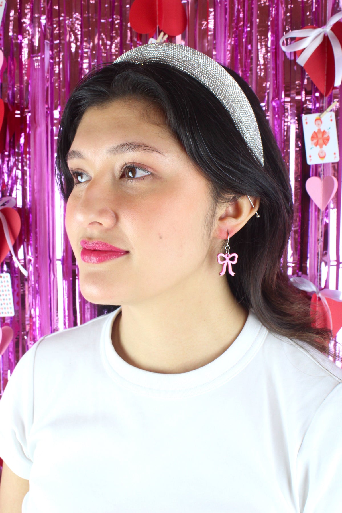Mini Pink Marble Bow Huggie Hoop Earrings