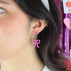 Mini Pink Marble Bow Huggie Hoop Earrings