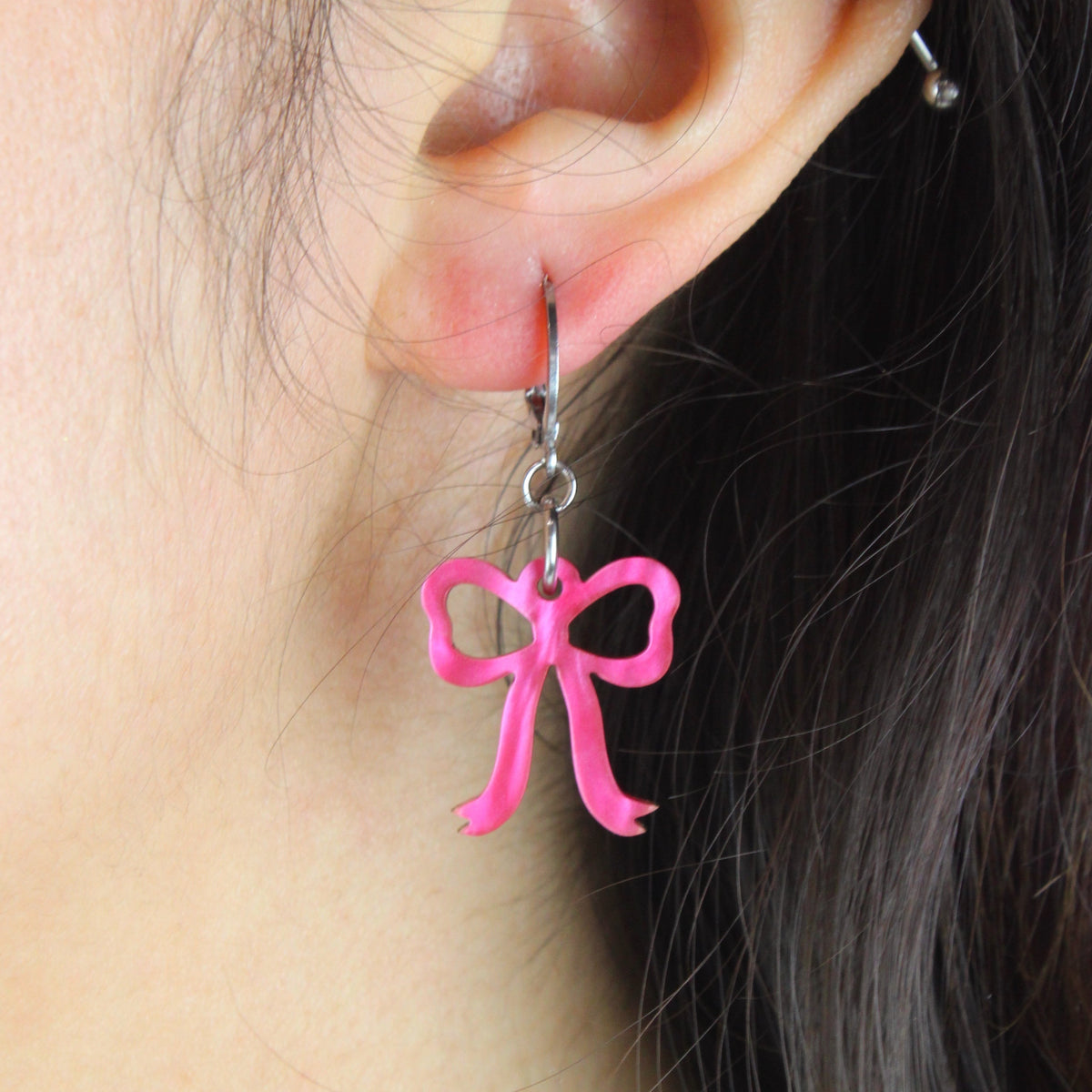 Mini Pink Marble Bow Huggie Hoop Earrings
