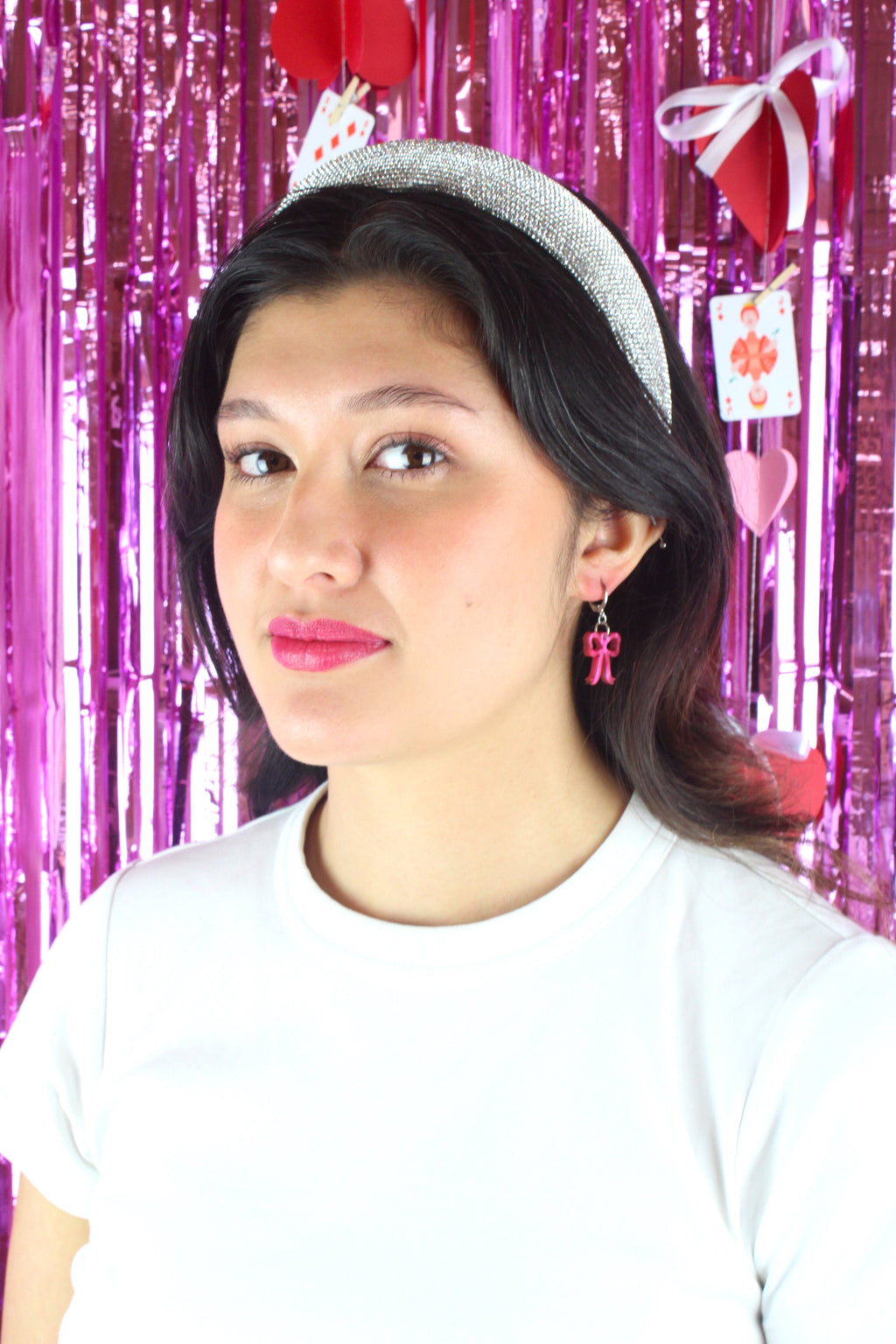 Mini Pink Marble Bow Huggie Hoop Earrings