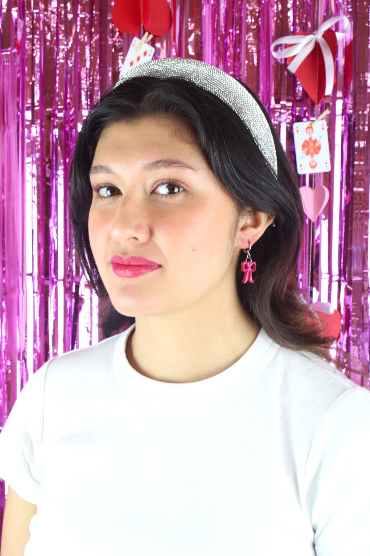 Mini Pink Marble Bow Huggie Hoop Earrings