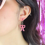 Mini Rose Pink Bow Huggie Hoop Earrings