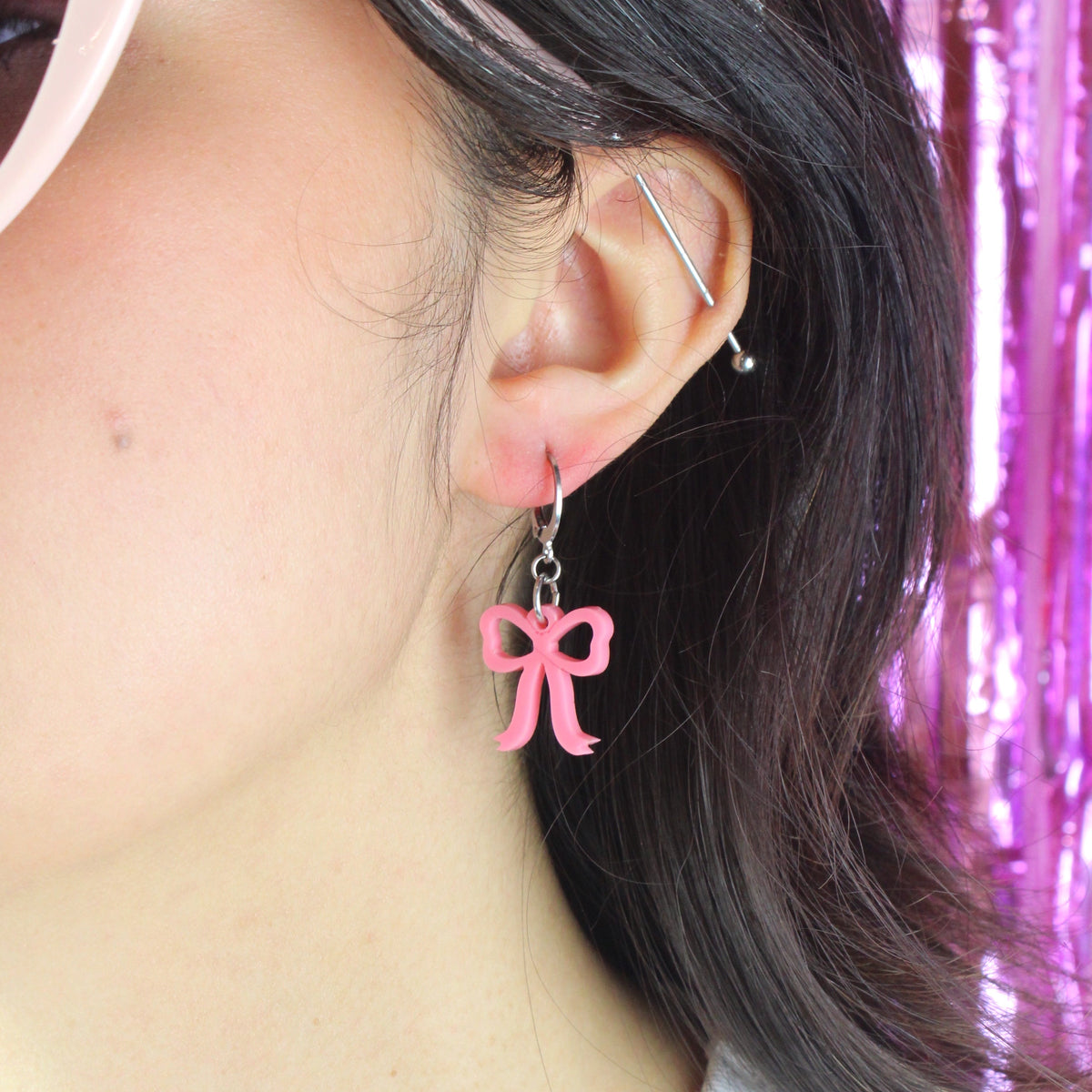 Mini Rose Pink Bow Huggie Hoop Earrings