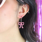 Mini Rose Pink Bow Huggie Hoop Earrings