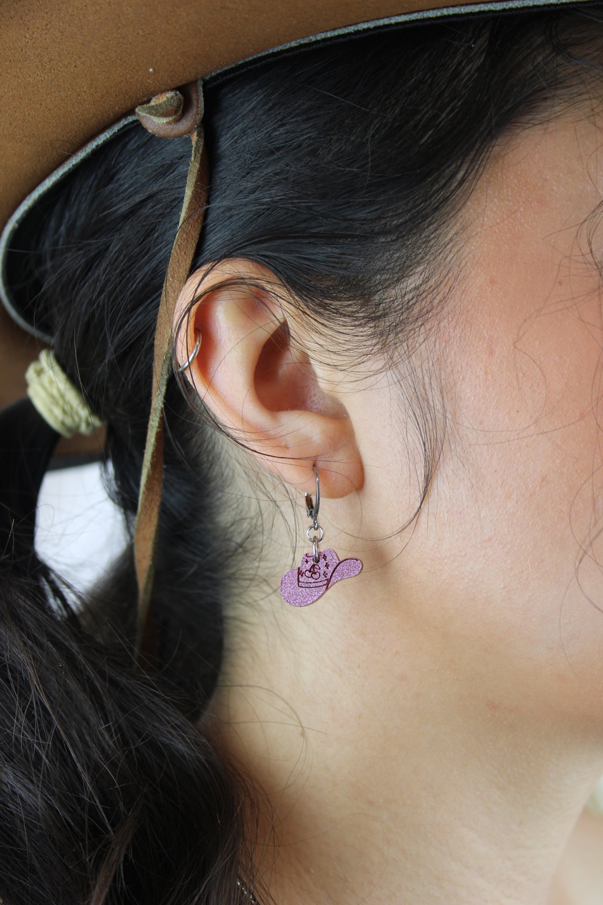 Mini Pink Cowboy Hat Huggie Hoop Earrings