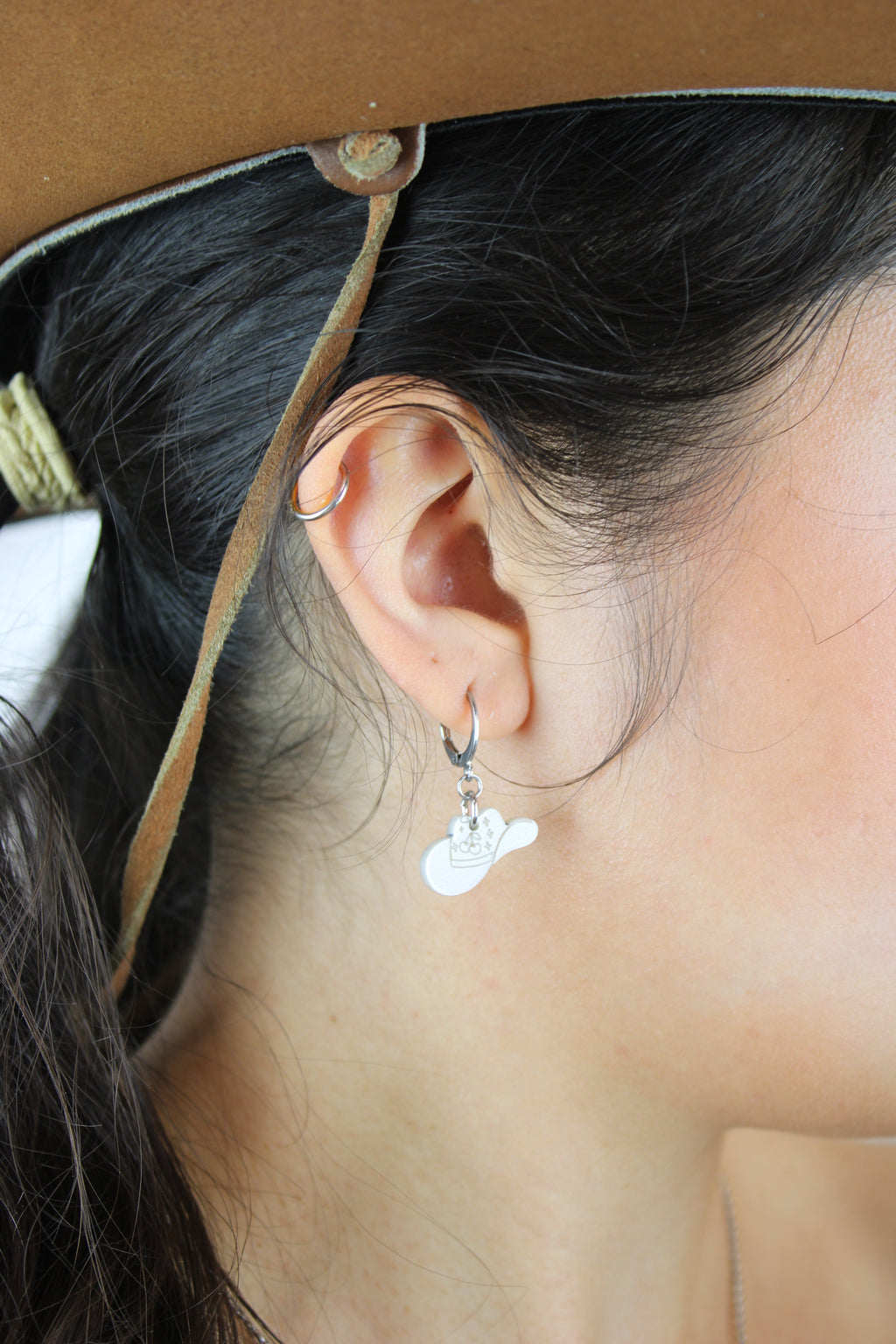 Mini White Cowboy Hat Huggie Hoop Earrings