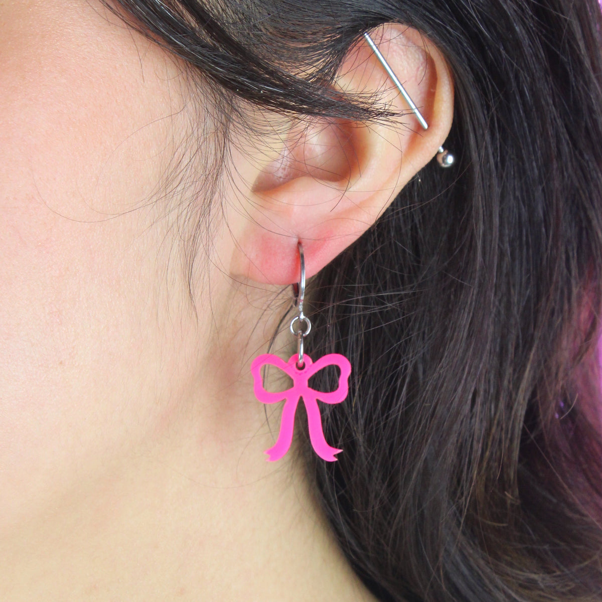 Mini Pink Bow Huggie Hoop Earrings