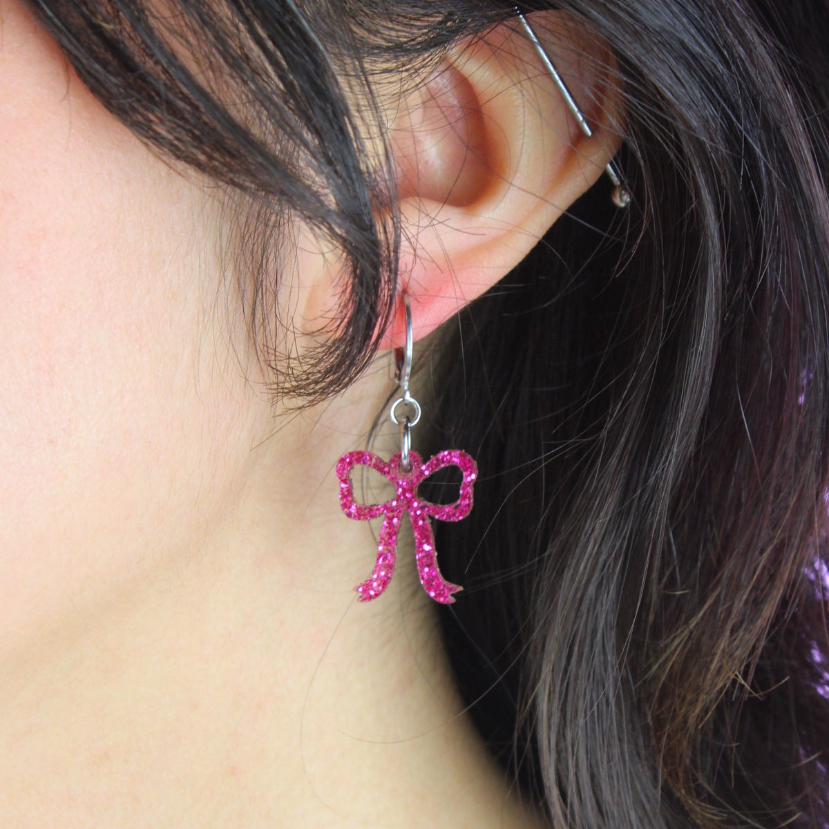 Mini Pink Glitter Bow Huggie Hoop Earrings
