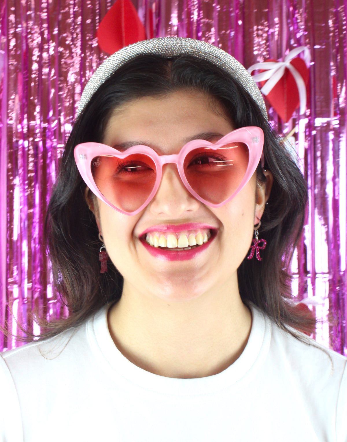 Mini Pink Glitter Bow Huggie Hoop Earrings