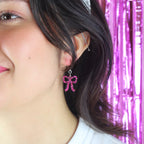 Mini Pink Glitter Bow Huggie Hoop Earrings