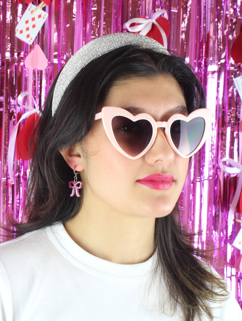 Mini Pink Glitter Bow Huggie Hoop Earrings