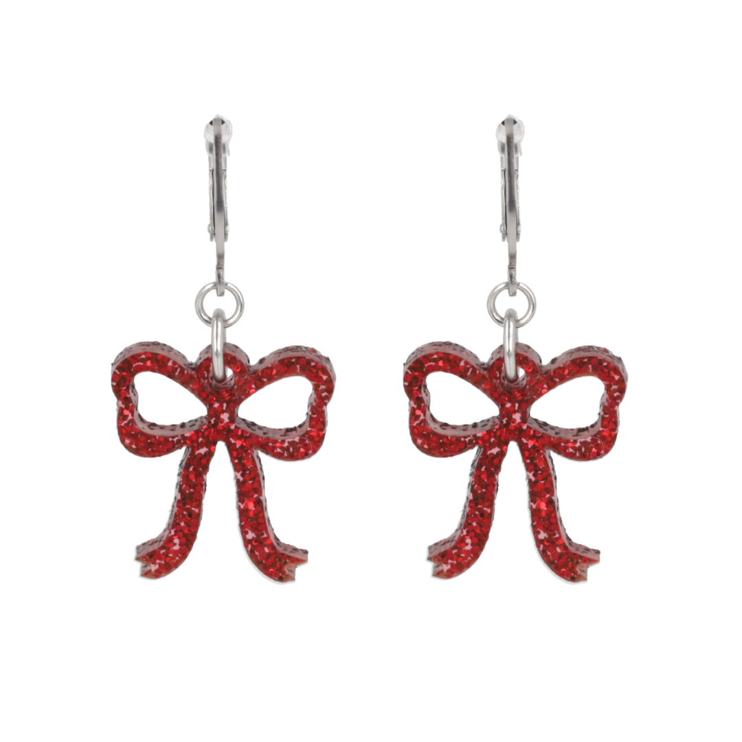 Mini Red Glitter Bow Huggie Hoop Earrings