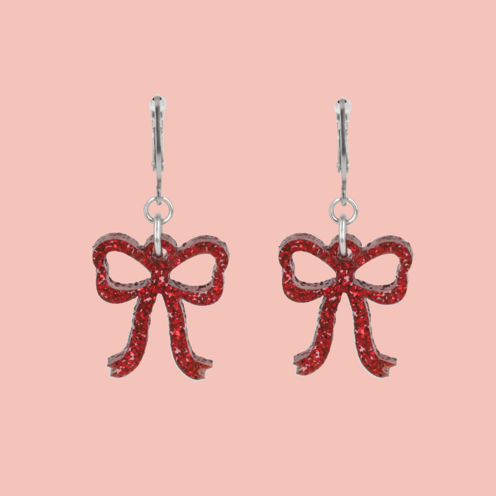 Mini Red Glitter Bow Huggie Hoop Earrings