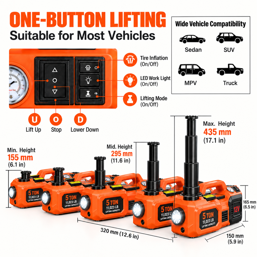 5 Ton Electric Car Jack Kit with Impact Wrench, Tire Inflator & LED Light