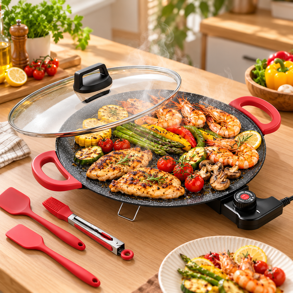 Large Round Electric Griddle with Adjustable Temperature