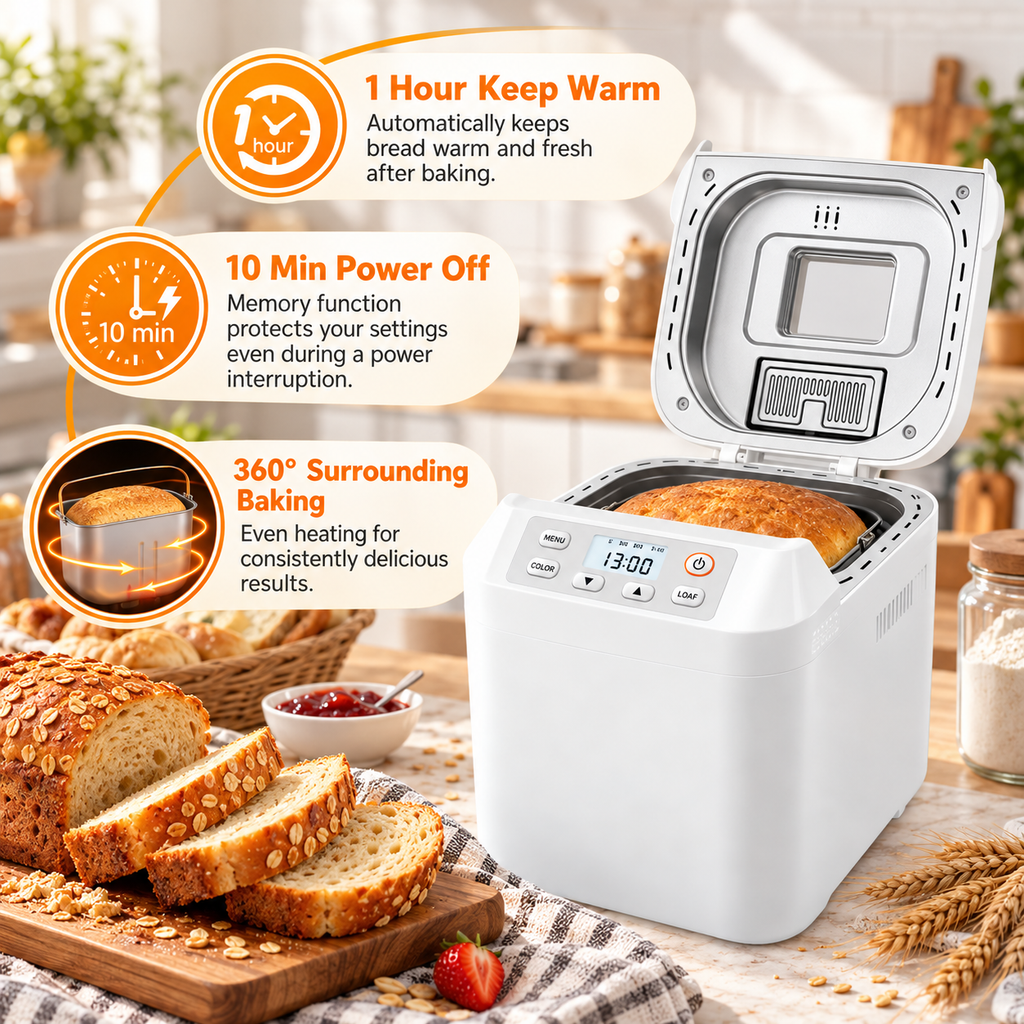 12-in-1 Automatic Bread Maker, 2LB Capacity with Fruit & Nut Dispenser