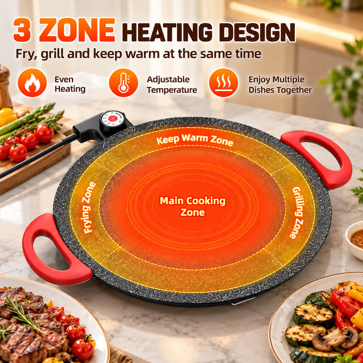 Large Round Electric Griddle with Adjustable Temperature