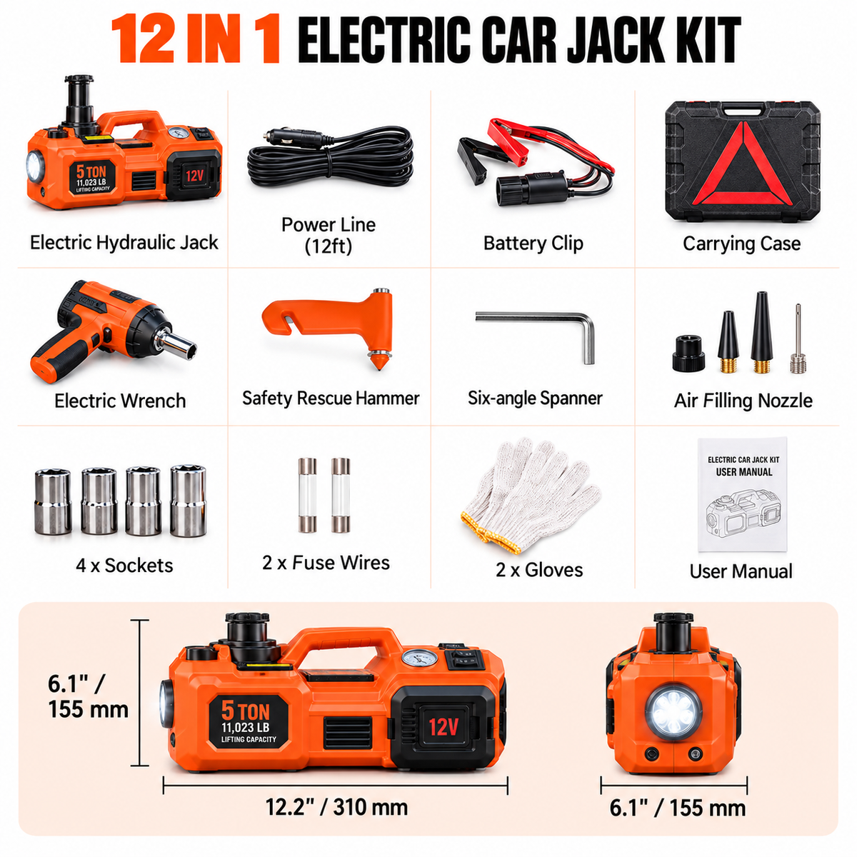 5 Ton Electric Car Jack Kit with Impact Wrench, Tire Inflator & LED Light