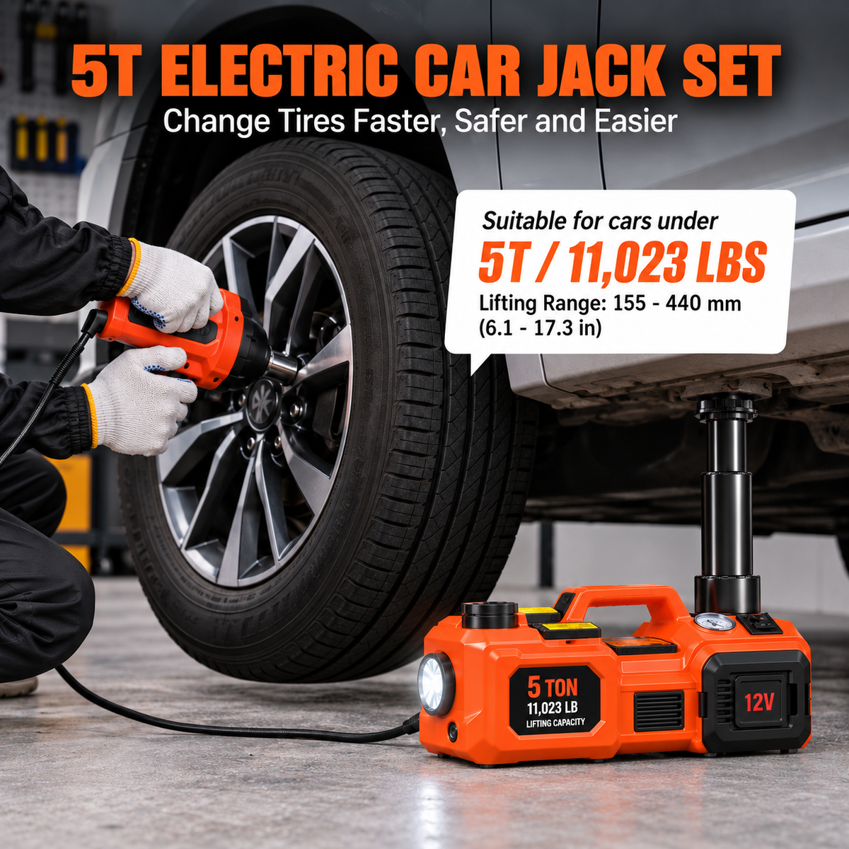 5 Ton Electric Car Jack Kit with Impact Wrench, Tire Inflator & LED Light