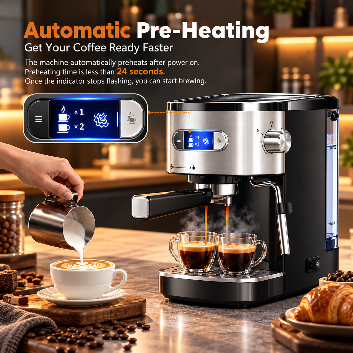 20 Bar Espresso Coffee Machine with Milk Frother & 45oz Water Tank