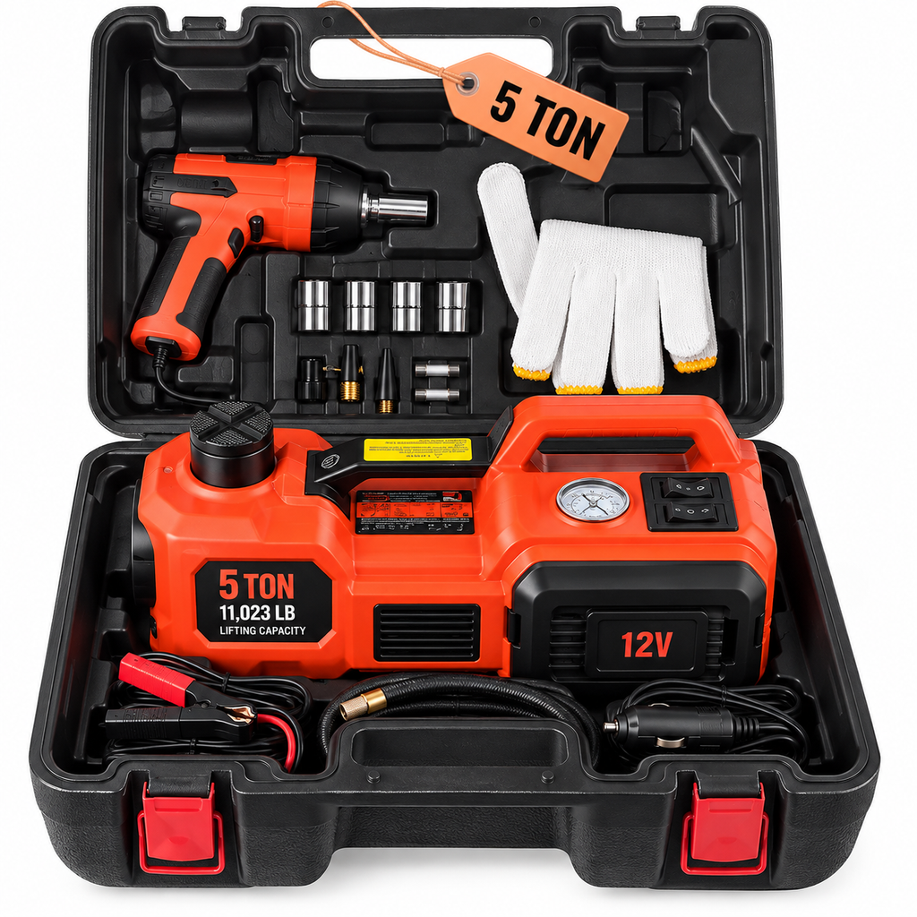 5 Ton Electric Car Jack Kit with Impact Wrench, Tire Inflator & LED Light