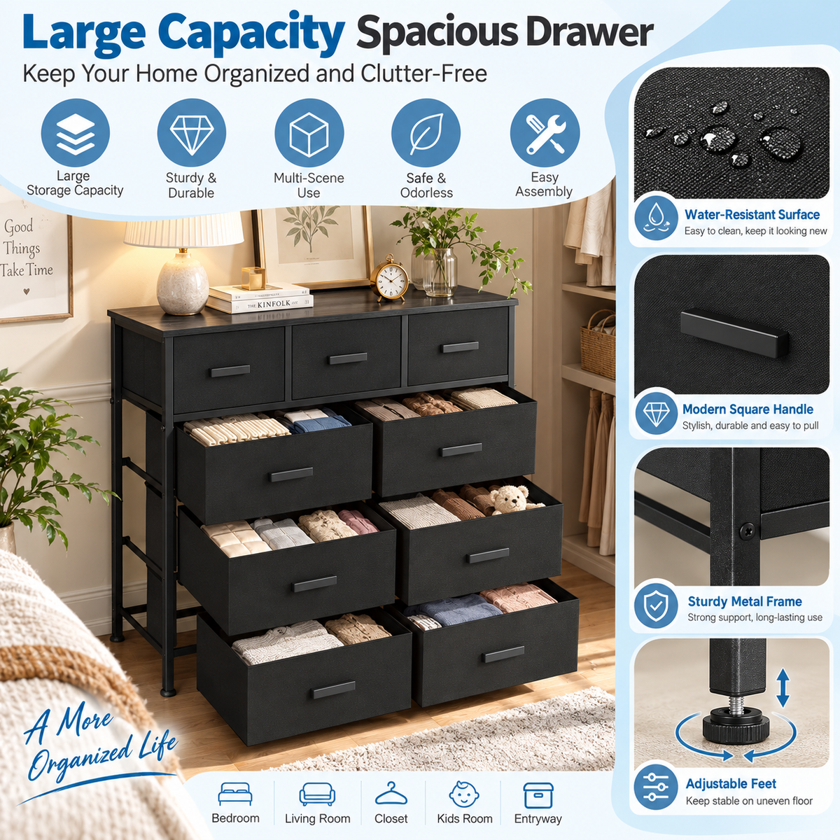9 Drawer Dresser with Fabric Storage Bins