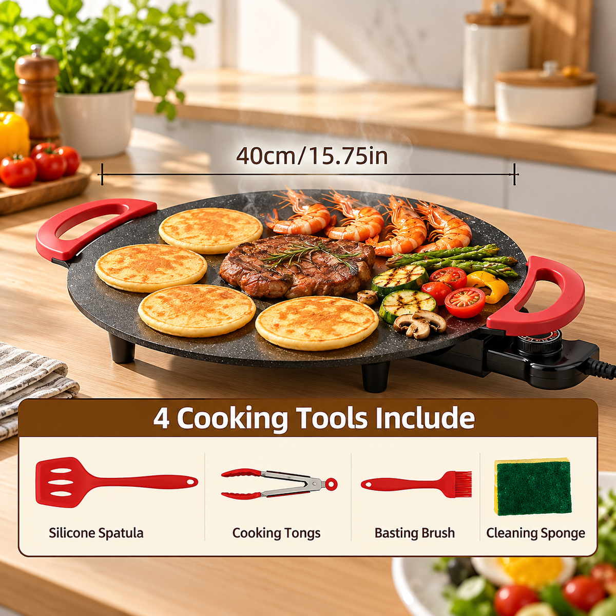 Large Round Electric Griddle with Adjustable Temperature