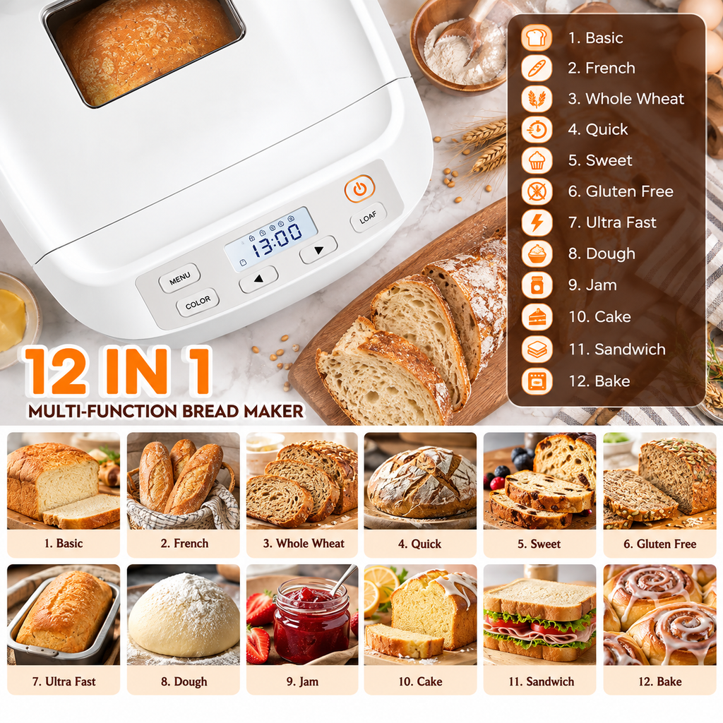12-in-1 Automatic Bread Maker, 2LB Capacity with Fruit & Nut Dispenser