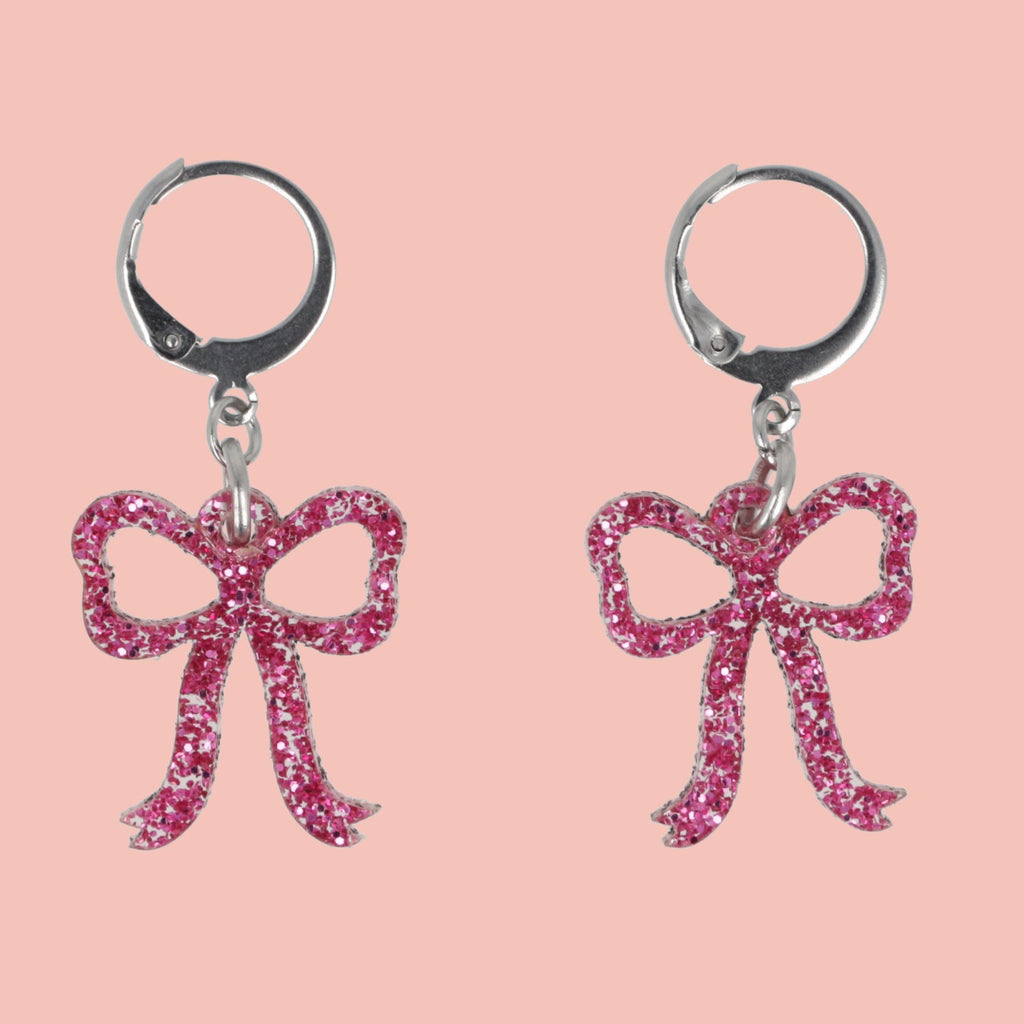 Mini Pink Glitter Bow Huggie Hoop Earrings